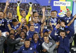 Millonarios players celebrate after winning the Colombian Superliga in January 2024.