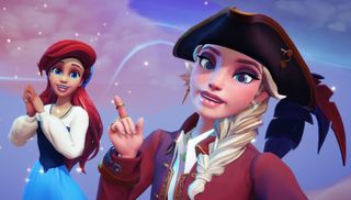 Disney Dreamlight Valley - A player wearing a pirate hat and coat taking a selfie with Ariel.