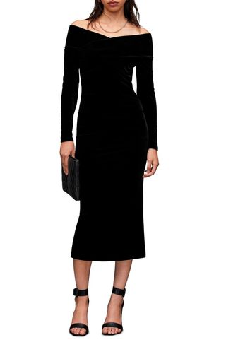 Delta Off the Shoulder Long Sleeve Velvet Midi Dress