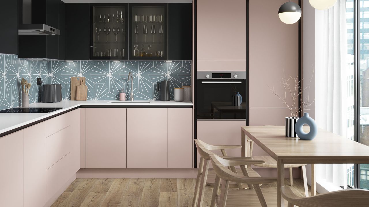 Benchmarx pale pink kitchen with modern handleless doors.