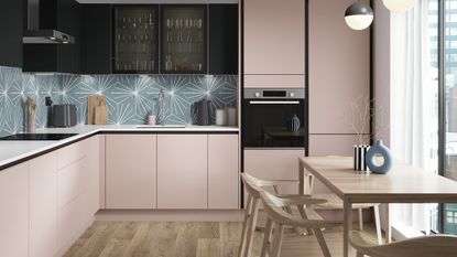 Benchmarx pink kitchen with handleless doors/