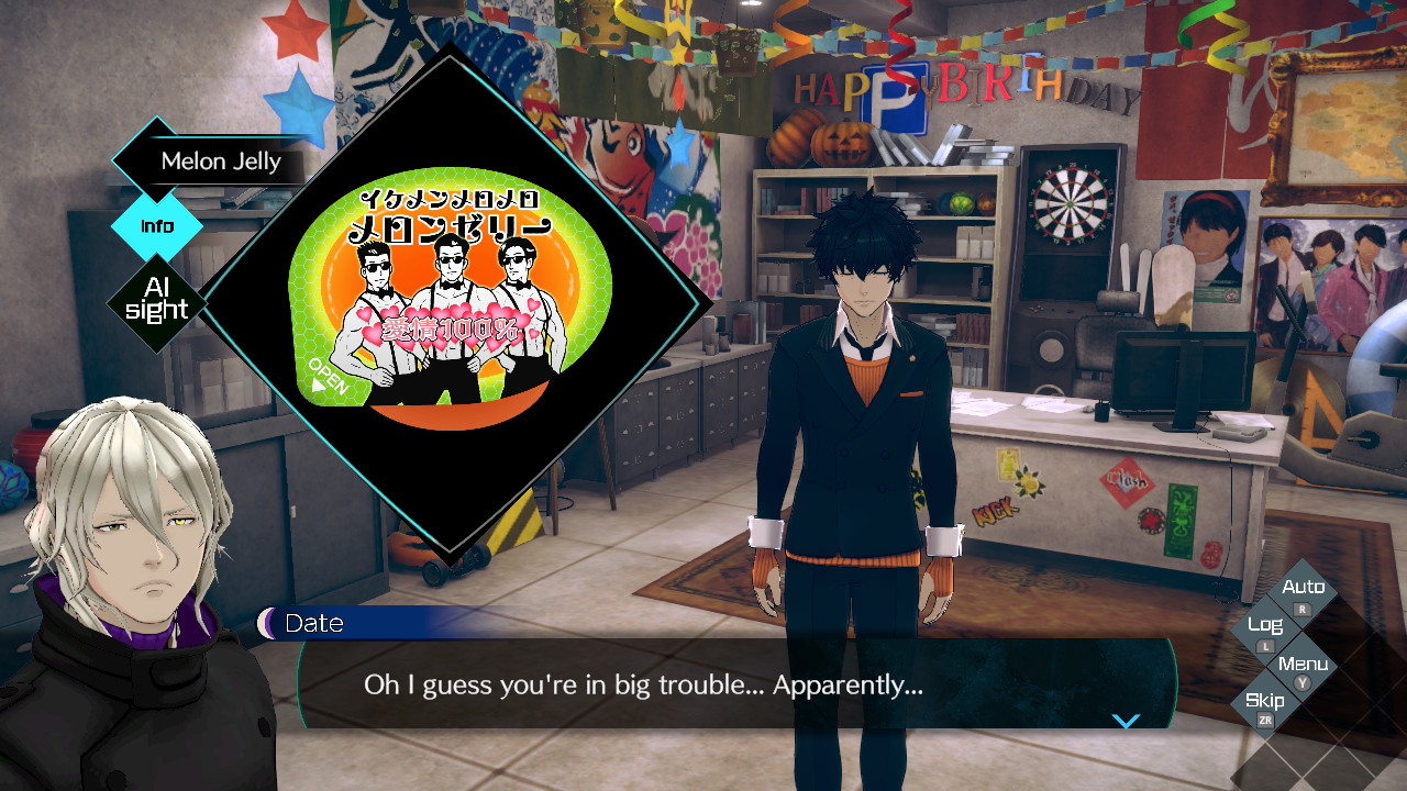 Date speaks with Ryuki in the boss&#039; office in No Sleep for Kaname Date - From AI: The Somnium Files