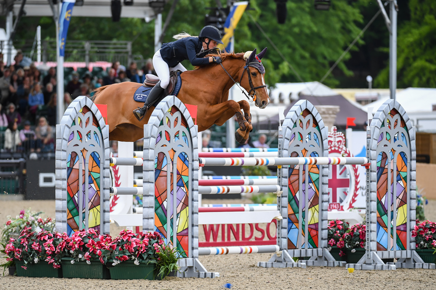 Sally Goding riding Spring Wilow during Land Rover National 1.40m Open Jumping Competition at the Royal Windsor Horse Show 2022.