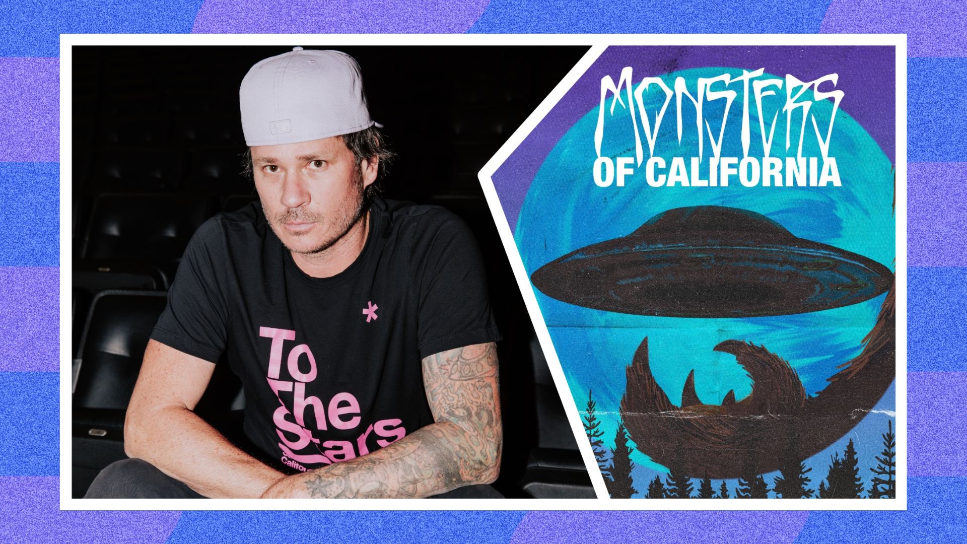 Musician Tom DeLonge next to a poster of his movie Monsters of California