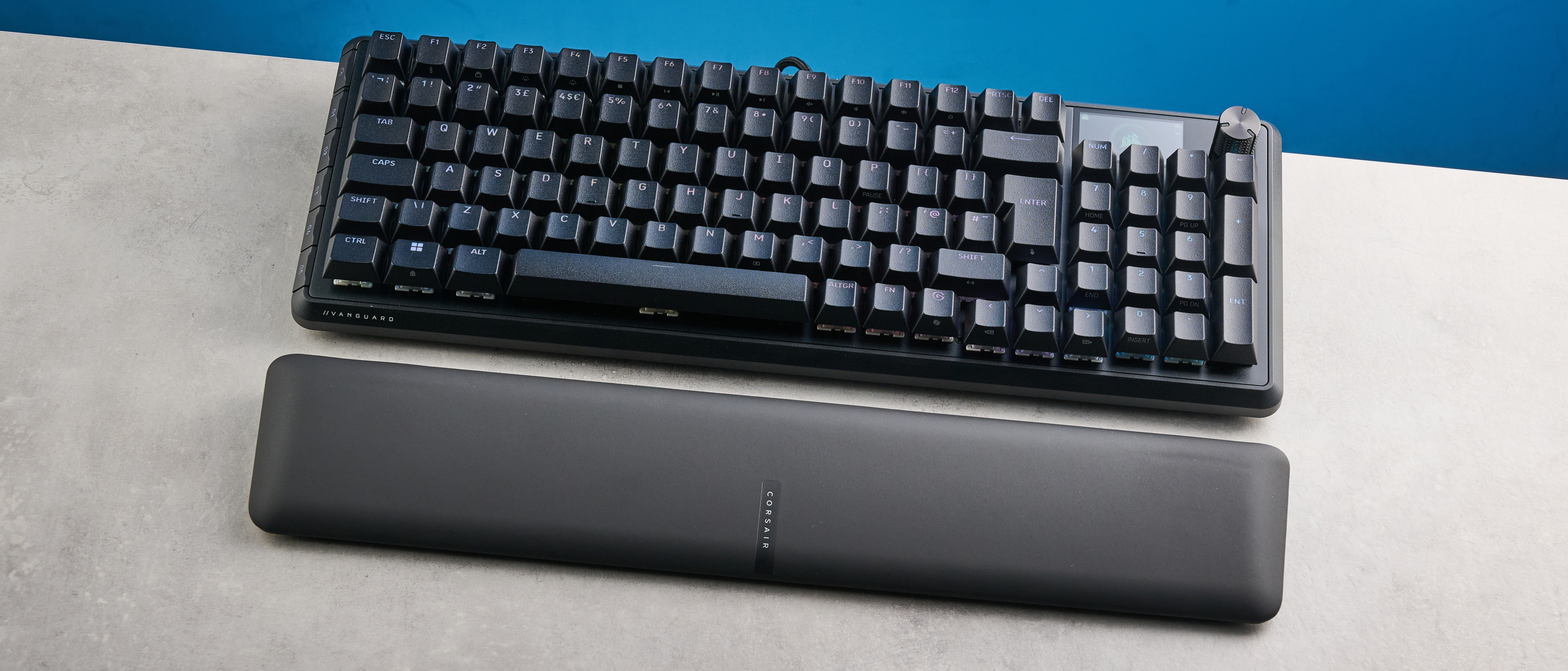 The Corsair Vanguard Pro 96 in black, on a stone surface