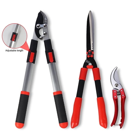 Paddsun 3pcs Garden Shears Set, Retractable Tree Lopper, Hedge Shears and Bypass Pruning Shears, Heavy Duty Branch Trimmer Kit