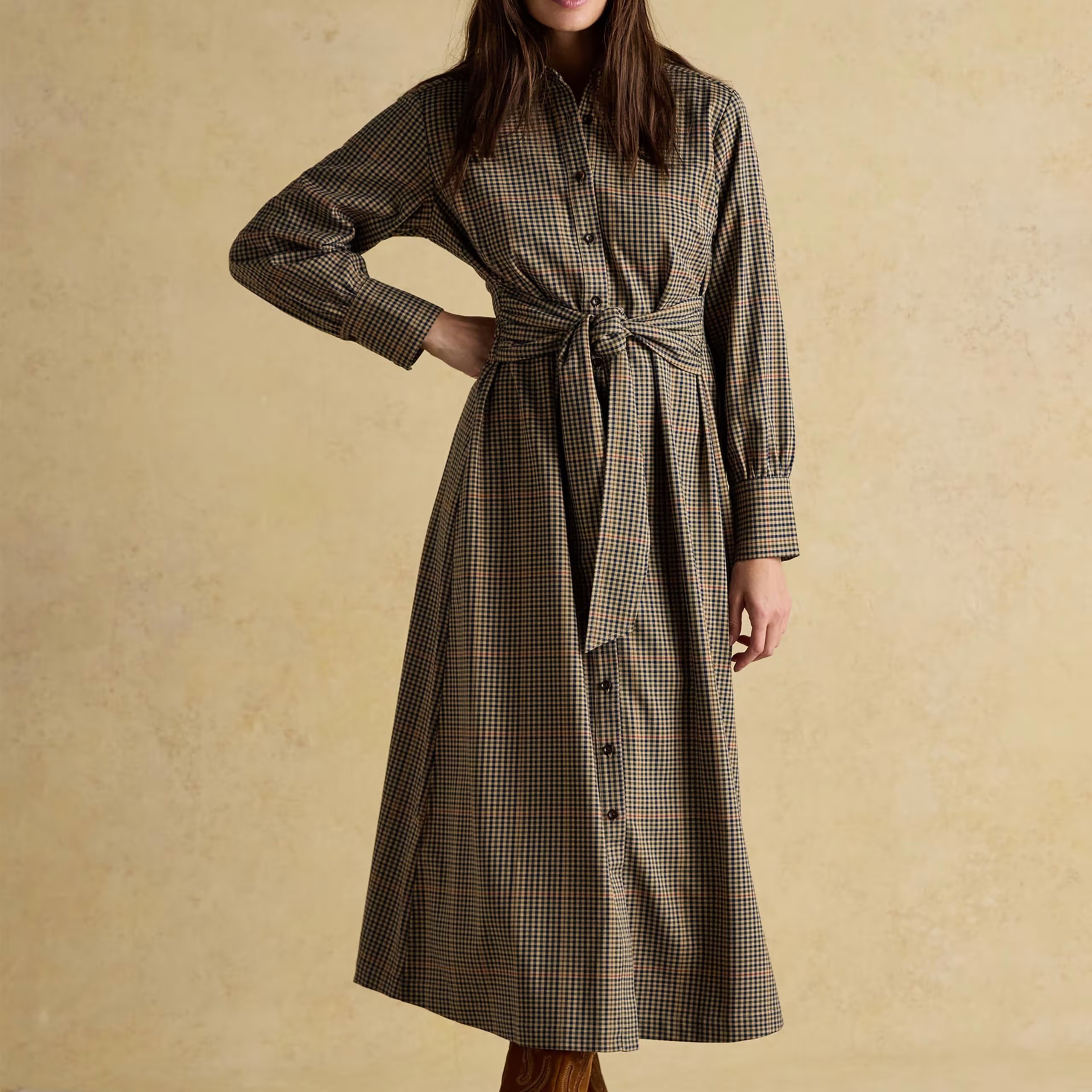 Joules Check Tie Waist Midaxi Shirt Dress