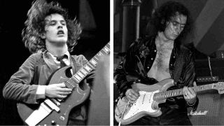 A composite photograph of AC/DC’s Angus Young and Ritchie Blackmore of Rainbow performing onstage in the 1970s