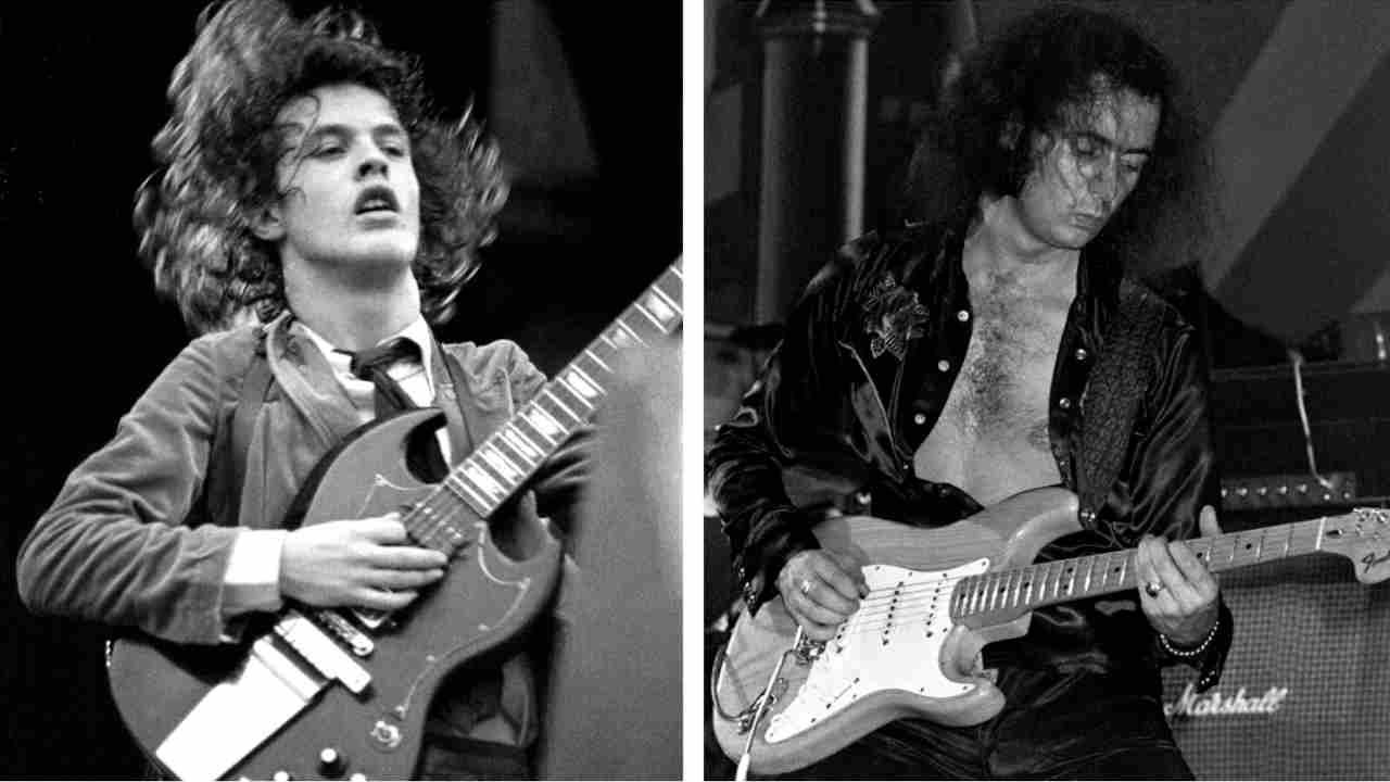 A composite photograph of AC/DC’s Angus Young and Ritchie Blackmore of Rainbow performing onstage in the 1970s