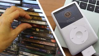 A hand pulling out a CD from a collection next to an iPod resting on a laptop