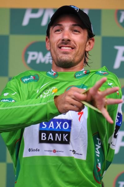 Fabian Cancellara gets the green jersey as points leader after his prologue win in the Tour.