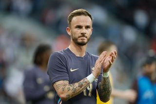 James Maddison of England applauds the fans after the international friendly match between England and Bosnia & Herzegovina at St James' Park on June 3, 2024 in Newcastle upon Tyne, England.