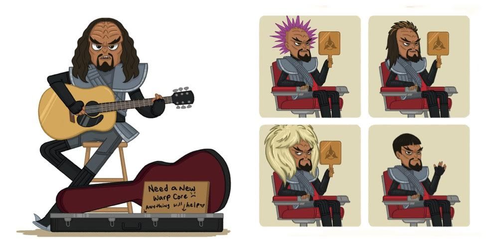 A cartoon Klingon plays guitar and shows off a variety of hairstyles.