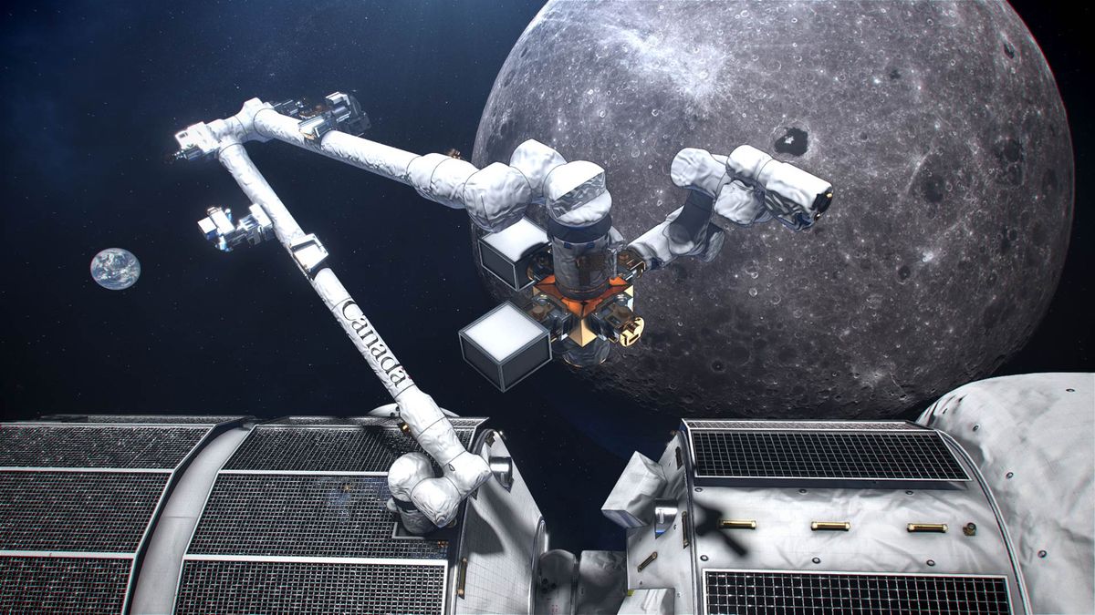 a robotic arm on a space station in an illustration. in back is the moon and in the distance, the earth