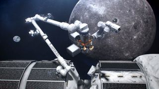 artist's impression of canadarm3 attached to a space station in front of the moon, with earth far behind