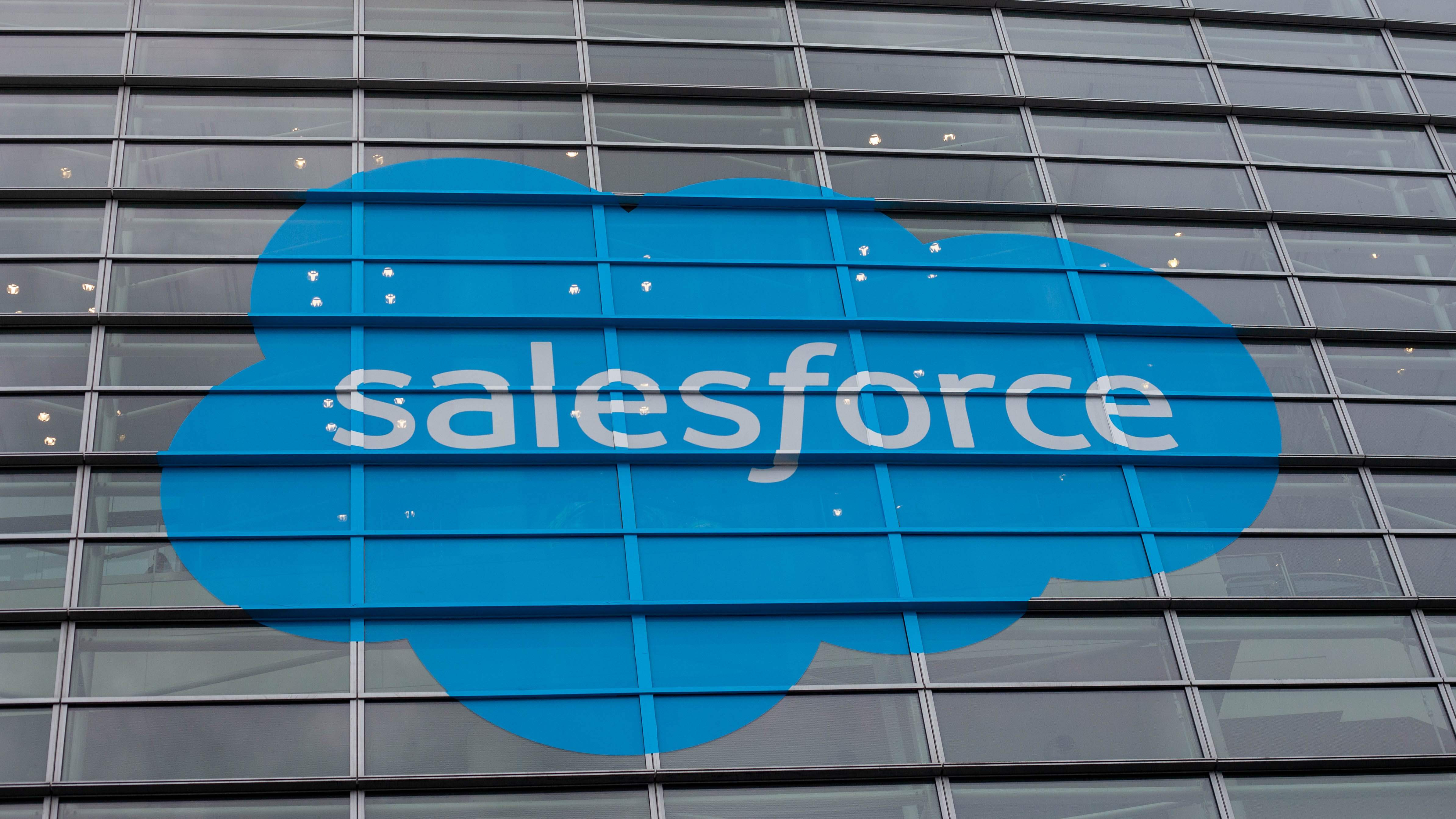 The Salesforce logo on the side of the Moscone Center in San Francisco.
