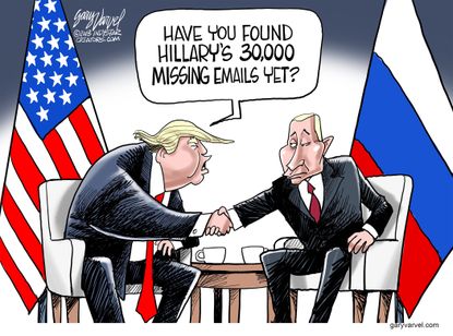 Political cartoon U.S. Trump Putin Helsinki summit Hillary Clinton 2016 election emails meddling Russia