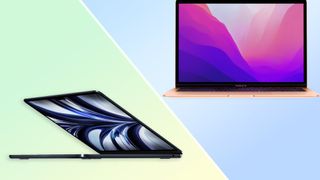 MacBook Air 2022 vs MacBook Air 2020 on a colored background