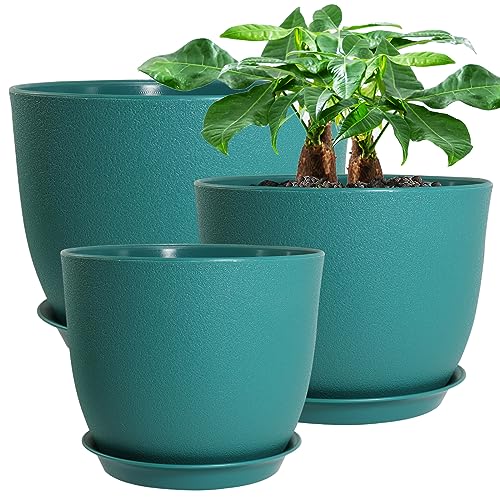 Uouz 12/10/9 Large Modern Plant Pots, Plastic Planters With Drainage Holes and Saucers for Indoor Outdoor Plants Flowers, Malachite Green