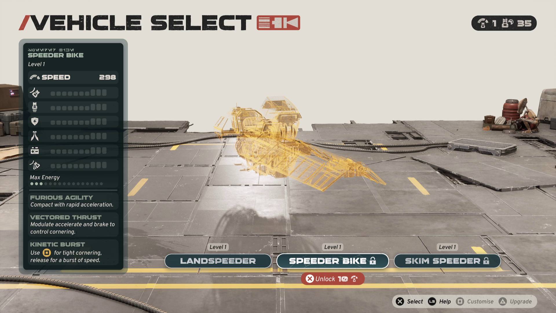 Star Wars Galactic Racer locked Skim Speeder in vehicle select menu