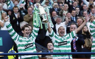 Jackie McNamara and Henrik Larsson lift the 2004 Scottish Cup final