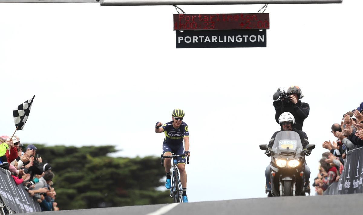 Michael Hepburn (Orica-Scott) punches the air in celebration