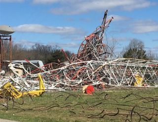 The tower of Ozarks Public Television's KOZK-TV, in Fordland, Mo., collapsed April 19, 2018, killing one worker and injuring three others.