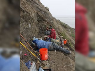 Researchers perch on a riverbank above the Colville River in Alaska.