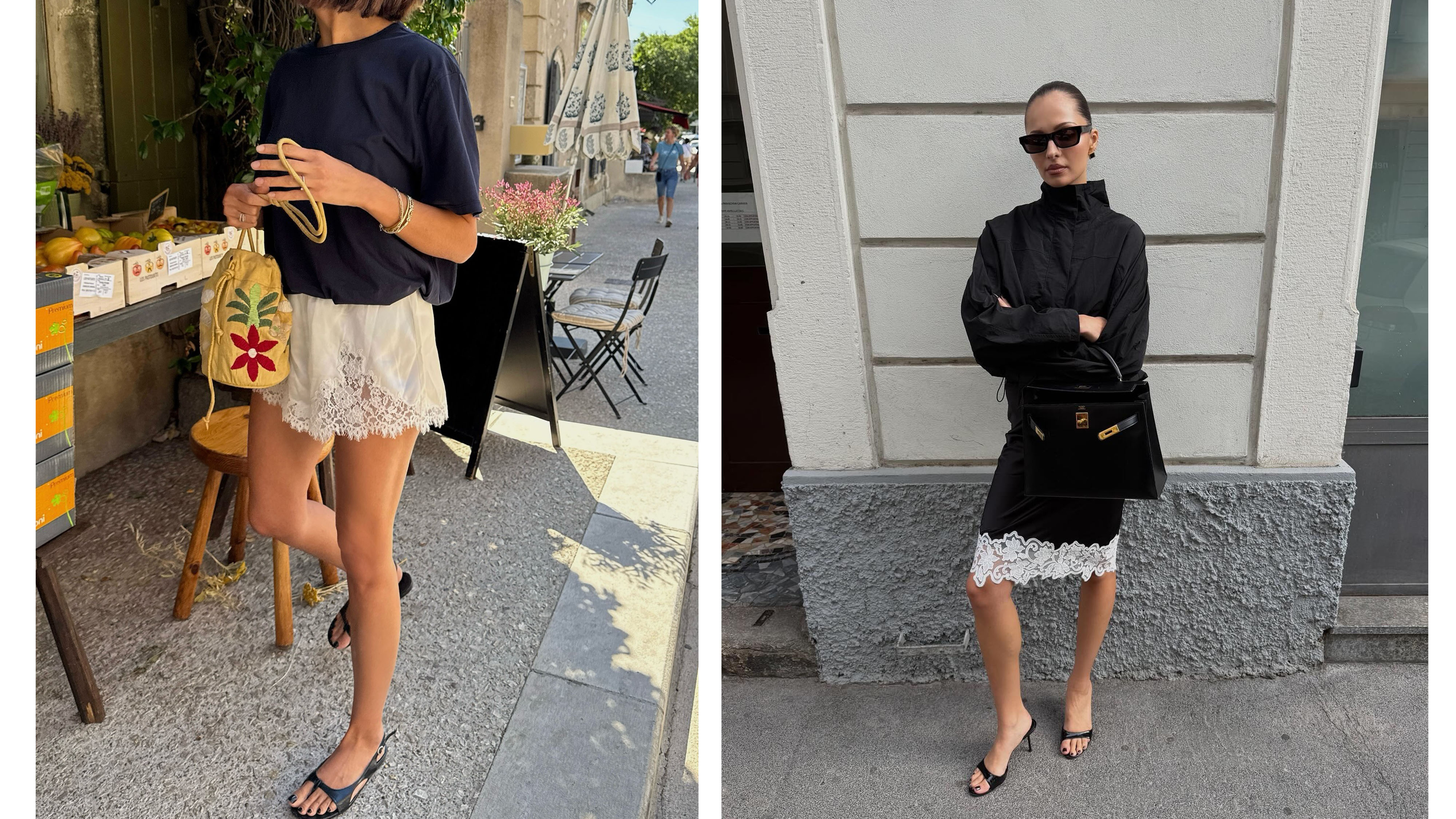Woman in a black t-shirt and lace-trim shorts; Woman in black funnel-neck jacket and lace-trim skirt