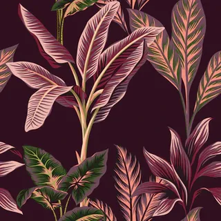 Close up of a swatch of wallpaper featuring majestic pink and green leaves