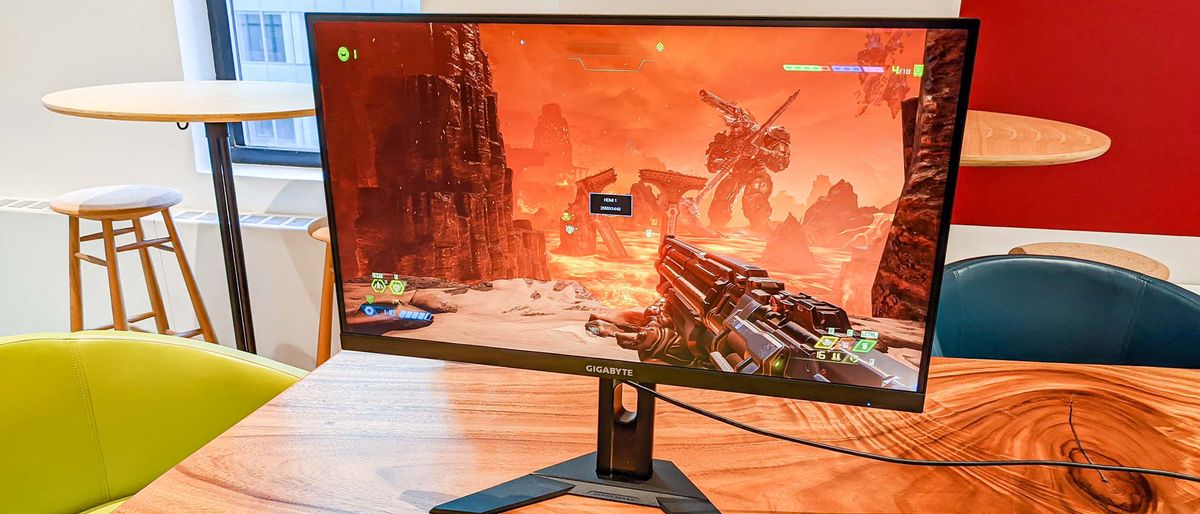 Gigabyte M27Q X Gaming Monitor on desk