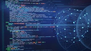 Glowing python programming language code on a blue digital surface with a sphere grid design infographics overlay.