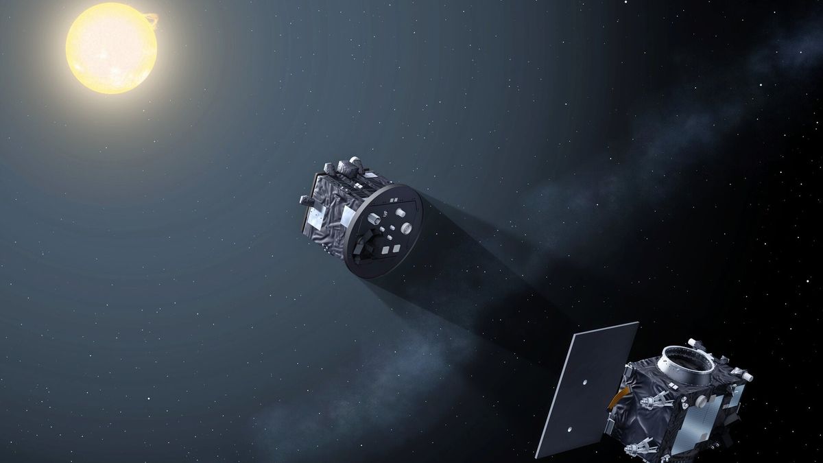 An illustration of two satellites in space, separated by a relatively short distance. In the back, there is the sun.