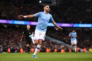 Riyad Mahrez celebrates after scoring for Manchester City against Chelsea in 2019.