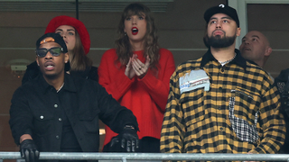 Cara Delevingne, Taylor Swift and Ross Travis look on during the second quarter in the AFC Championship Game between the Baltimore Ravens and the Kansas City Chiefs at M&T Bank Stadium on January 28, 2024