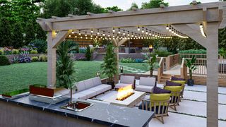 Pergola with string lights and fire pit