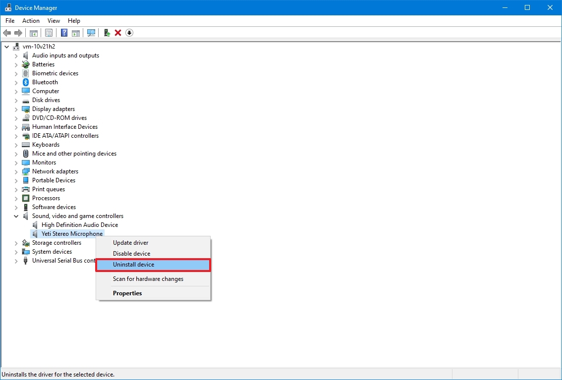 Uninstall microphone driver with Device Manager