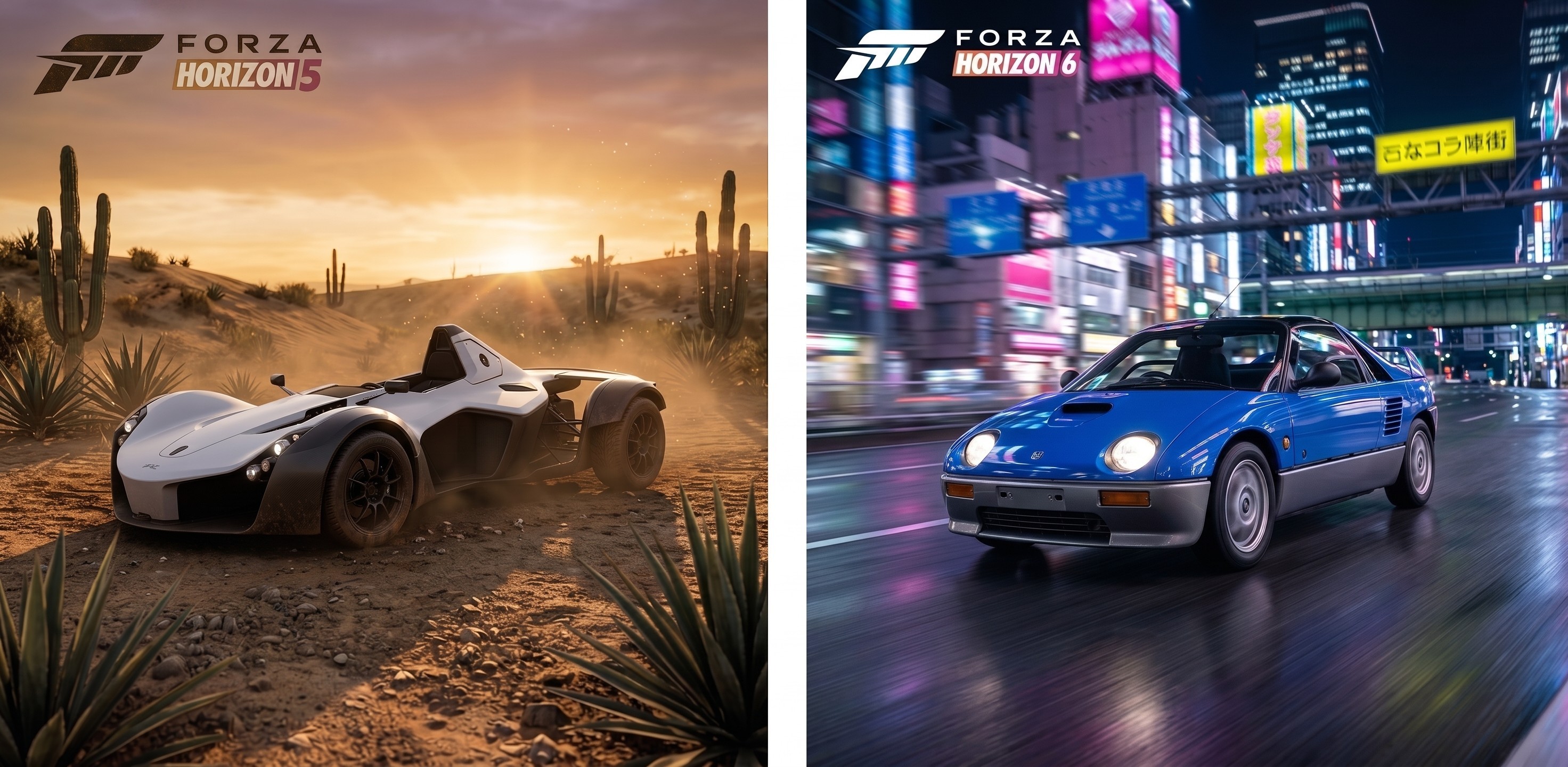 A side-by-side of a car in Forza Horizon 5 in the Mexican desert setting with a a car in the Tokyo City setting of Forza Horizon 6