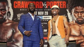 WBO welterweight champion Terence Crawford (L) and Shawn Porter (R) pose during the press conference at MGM Grand Casino