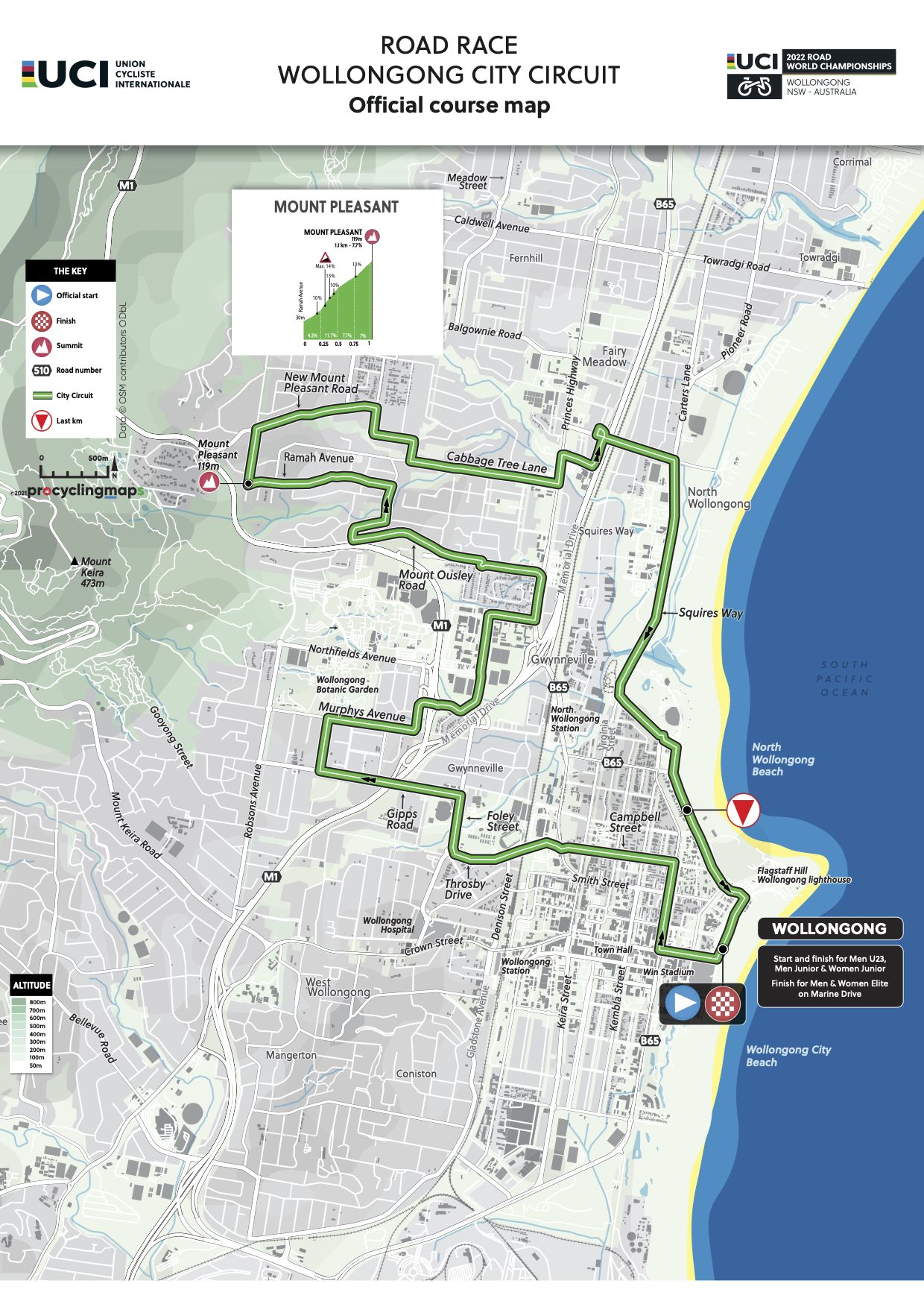 Road race course map for the UCI 2022 Road World Championships Wollongong