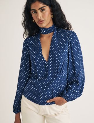 Blue Polka Dot Tie Neck Blouse