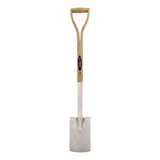 Garden spade with wooden handle and a stainless steel head on a white background