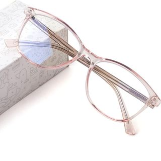Pair of opaque rose coloured clear glasses resting on top of case
