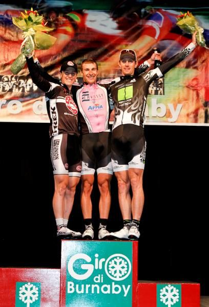 The men's podium (l-r): Bailey McKnight (Trek/Red Truck) 2nd, Cam MacKinnon (H&amp;R Block) 1st and Justin Kerr (H&amp;R Block) 3rd.