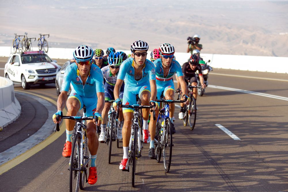 Astana lead the peloton at the Abu Dhabi Tour