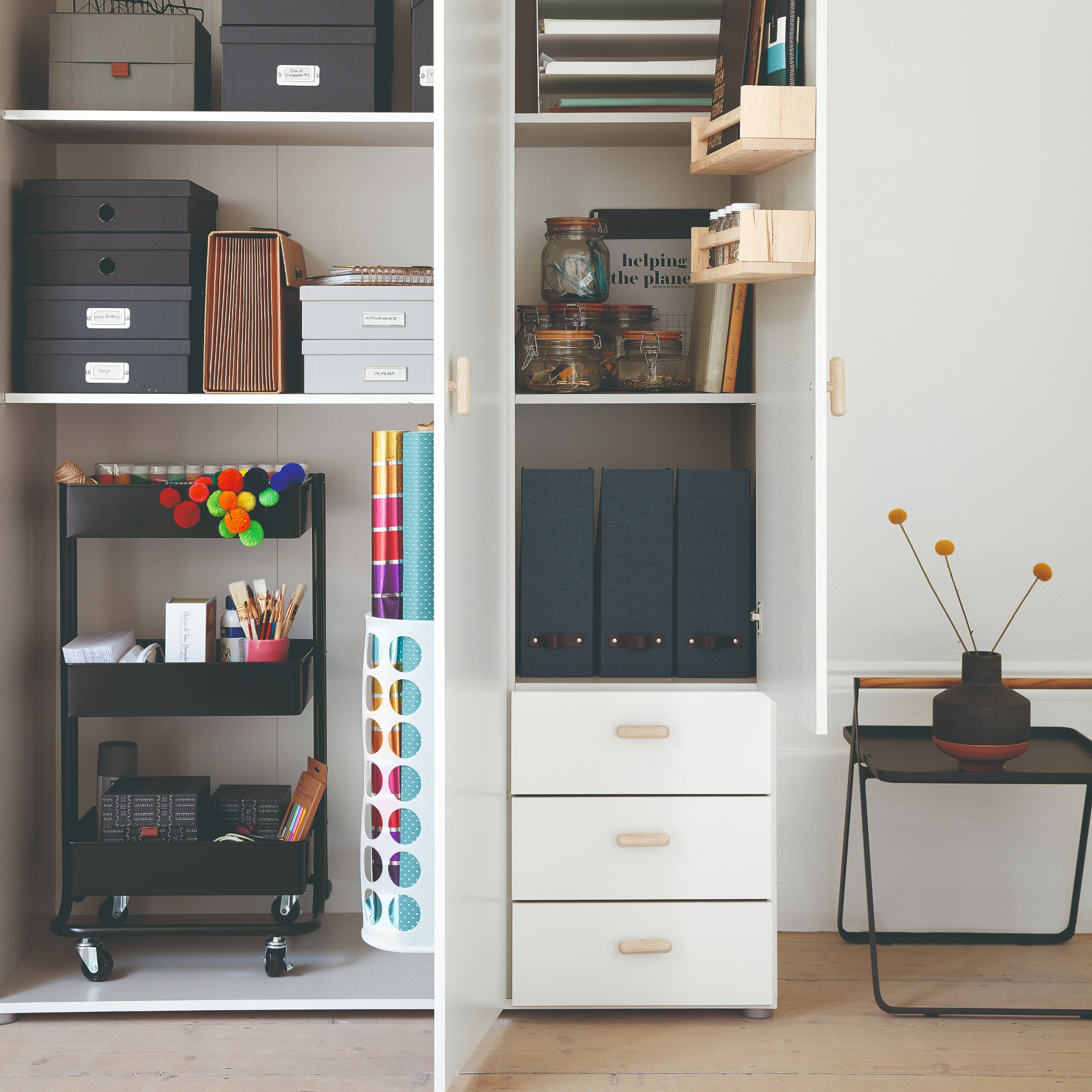 Tidy home office storage cupboard