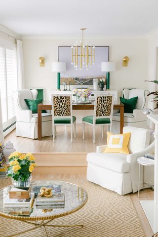 a white living and dining room