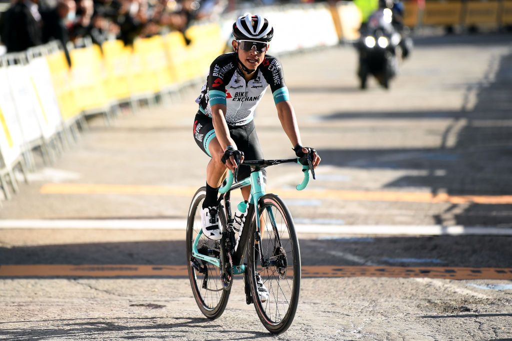 VALLTER 2000 SETCASES VALL CAMPRODON SPAIN MARCH 24 Arrival Johan Esteban Chaves Rubio of Colombia and Team BikeExchange during the 100th Volta Ciclista a Catalunya 2021 Stage 3 a 2031km stage from Canal Olmpic de Catalunya to Vallter 2000 Setcases Vall Camprodon 2125m VoltaCatalunya100 on March 24 2021 in Vallter 2000 Setcases Vall Camprodon Spain Photo by David RamosGetty Images