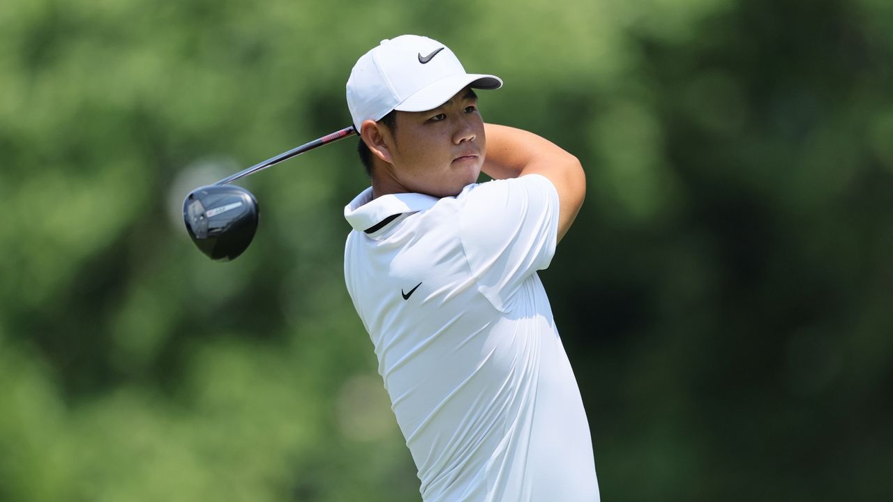 Tom Kim hits driver at the 2024 Travelers Championship