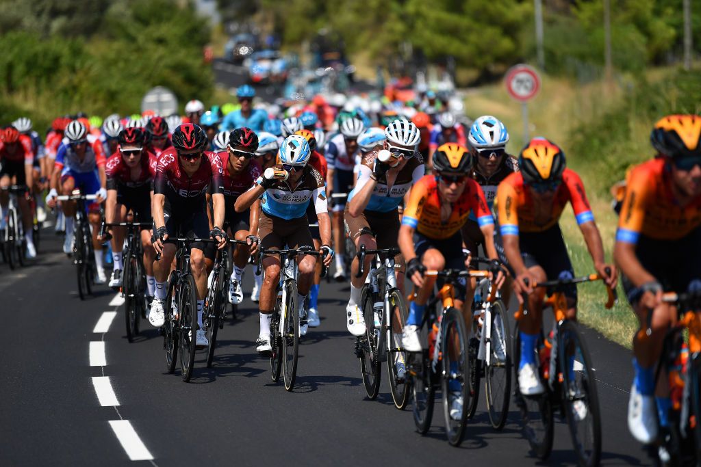 BEZIERS FRANCE AUGUST 01 Tao Geoghegan Hart of The United Kingdom and Team Ineos Dylan Van Baarle of The Netherlands and Team Ineos Andrey Amador Bikkazakova of Costa Rica and Team Ineos Romain Bardet of France and Team Ag2R La Mondiale Peloton during the 44th La Route dOccitanie La Depeche du Midi 2020 Stage 1 a 187km stage from Saint Affrique to Cazouls ls Bziers RouteOccitanie RDO2020 on August 01 2020 in Beziers France Photo by Justin SetterfieldGetty Images